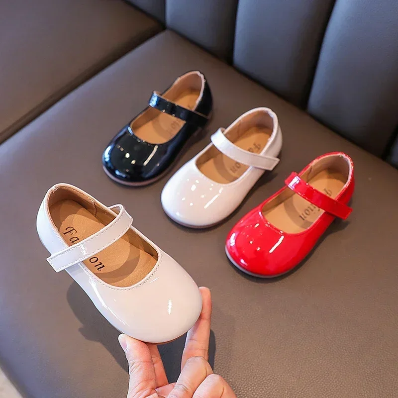 Plain Patent Leather Ballet Flats for Baby Girls Concise Round-Toe Mary Jane Shoes Red/White Kids Soft Sole