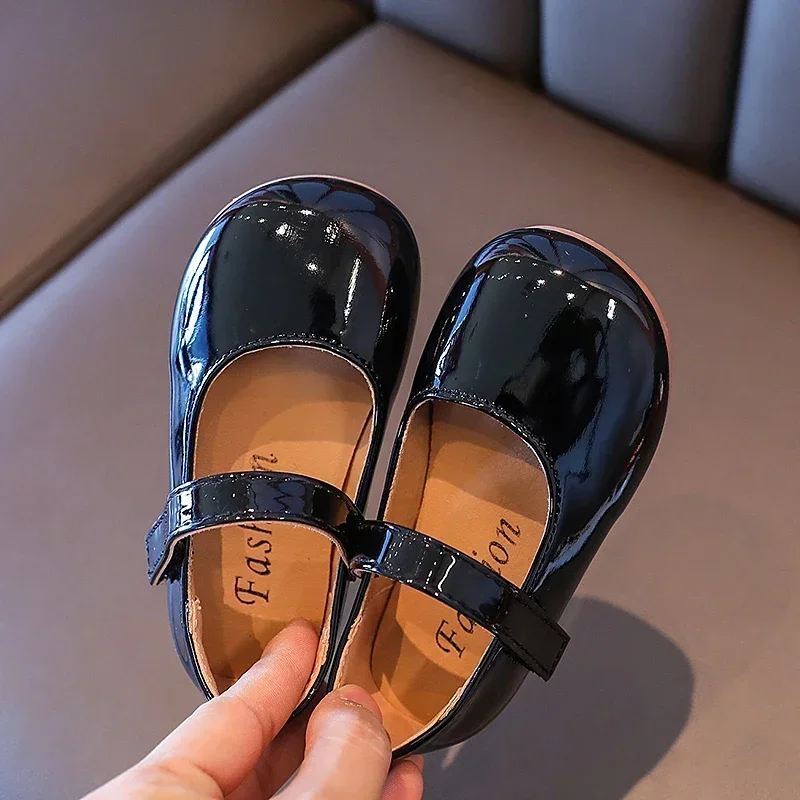 Plain Patent Leather Ballet Flats for Baby Girls Concise Round-Toe Mary Jane Shoes Red/White Kids Soft Sole