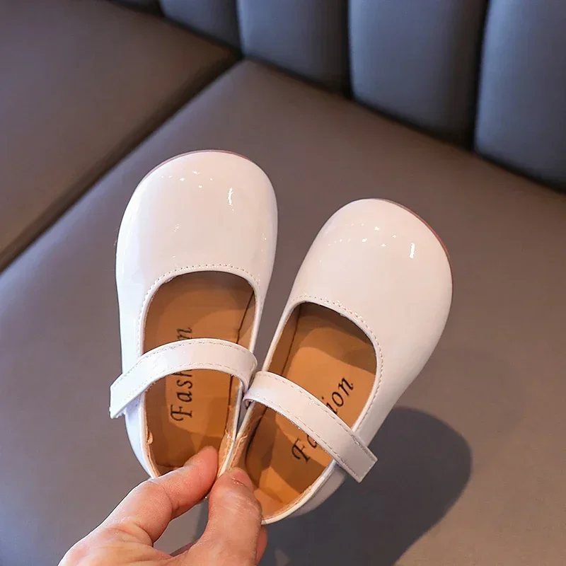 Plain Patent Leather Ballet Flats for Baby Girls Concise Round-Toe Mary Jane Shoes Red/White Kids Soft Sole
