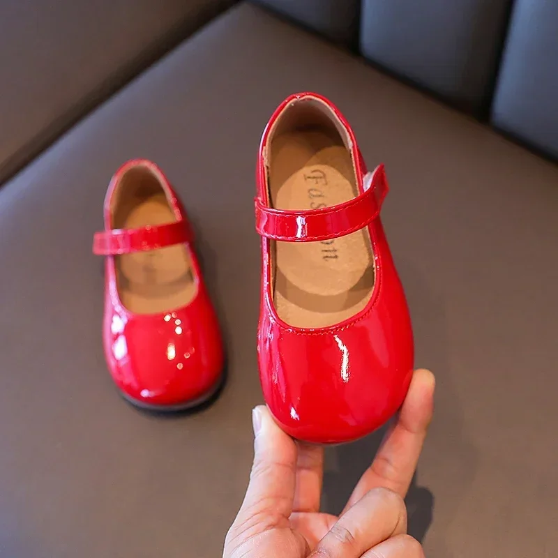 Plain Patent Leather Ballet Flats for Baby Girls Concise Round-Toe Mary Jane Shoes Red/White Kids Soft Sole