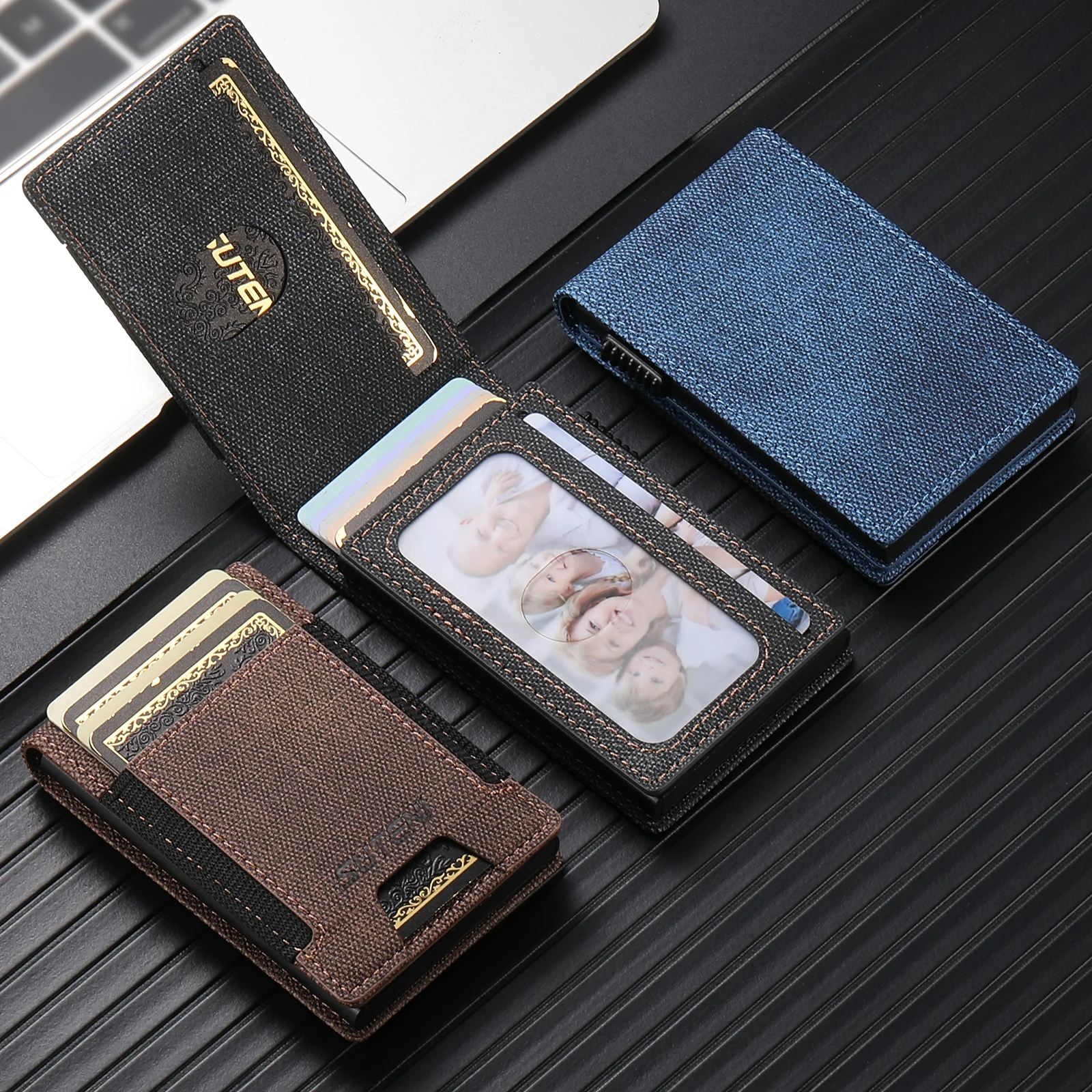 SUTENI Faux Leather For Men Wallet Card Slot Wallet Flip Cover Card Box Pressing The Button Automatically Ejects The Card