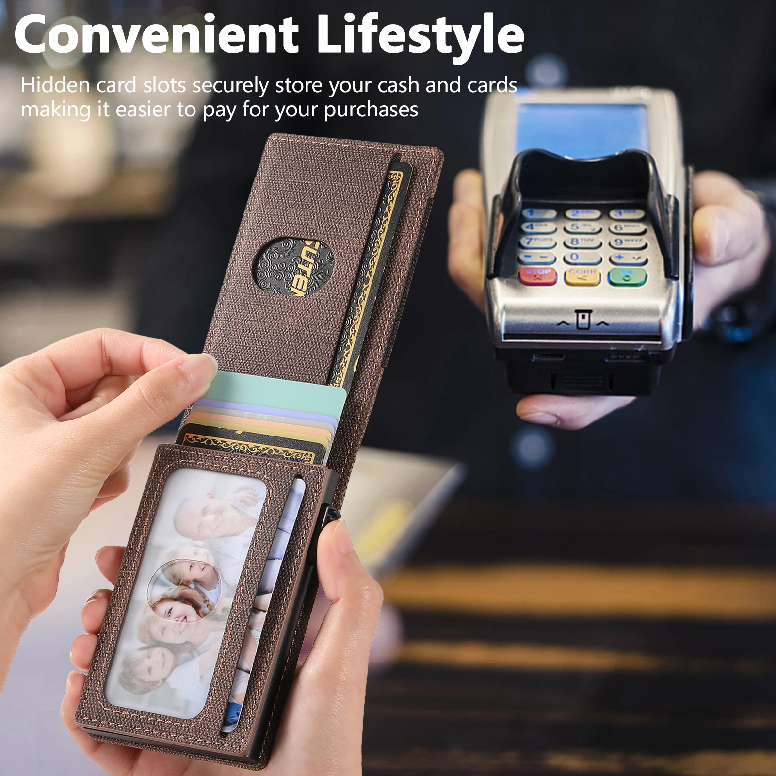 SUTENI Faux Leather For Men Wallet Card Slot Wallet Flip Cover Card Box Pressing The Button Automatically Ejects The Card