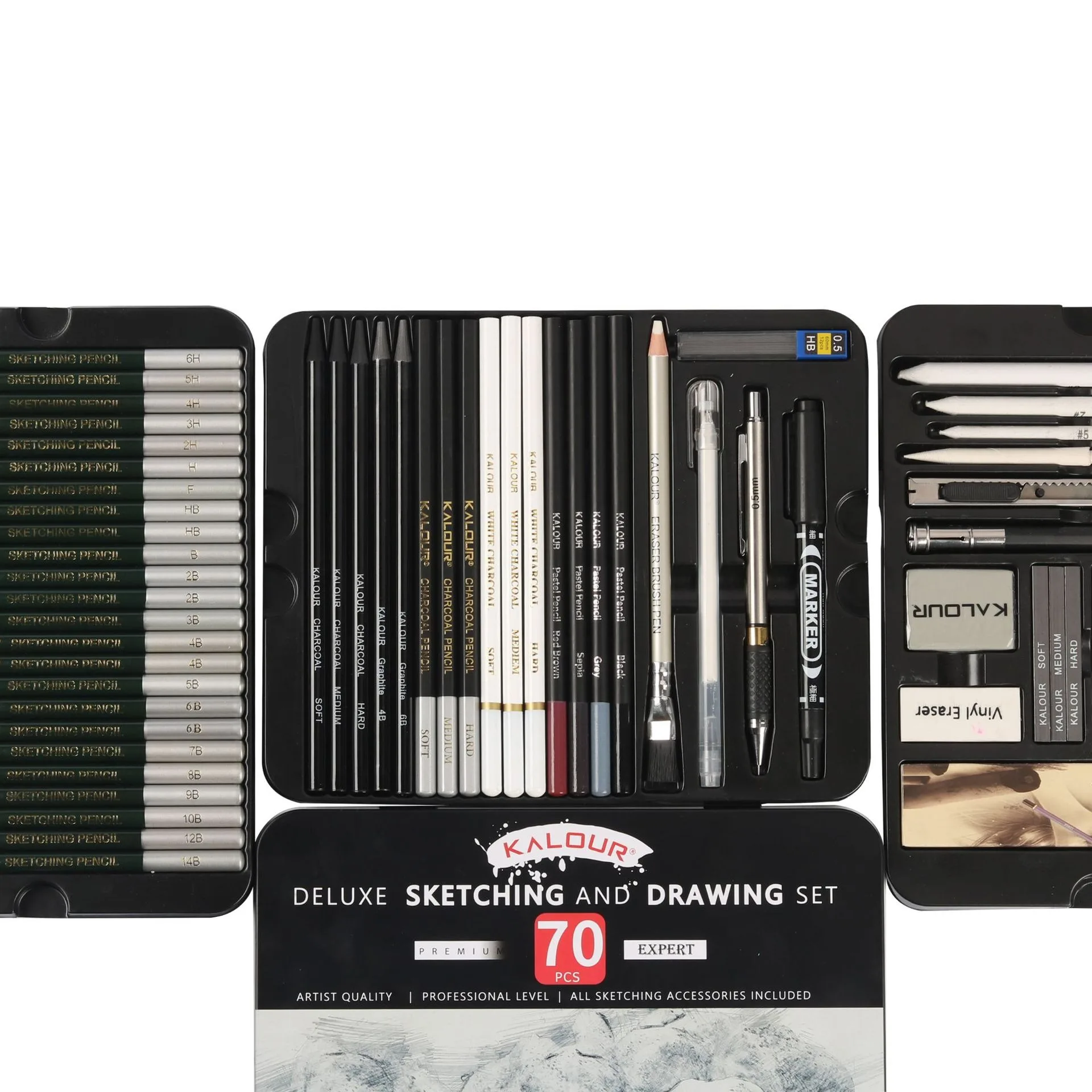 KALOUR Art 70pcs Sketching&Drawing Pencil Set Professional Various Hardness Pencils For Kids Artists Beginners In Gift Tin Box