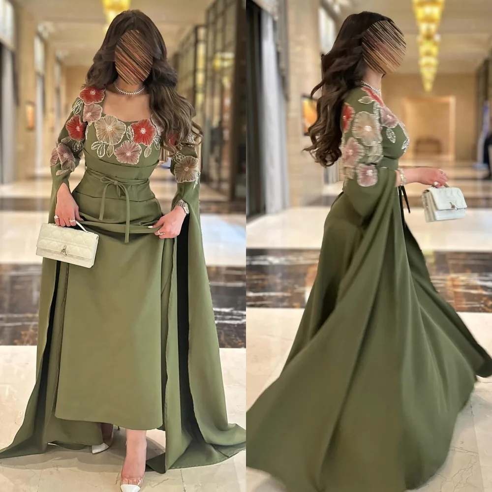 Customized Intricate Matching Jersey Flower Beading Sash A-line Square Neck Long Dresses Bespoke Occasion Dresses Exquisite Sexy