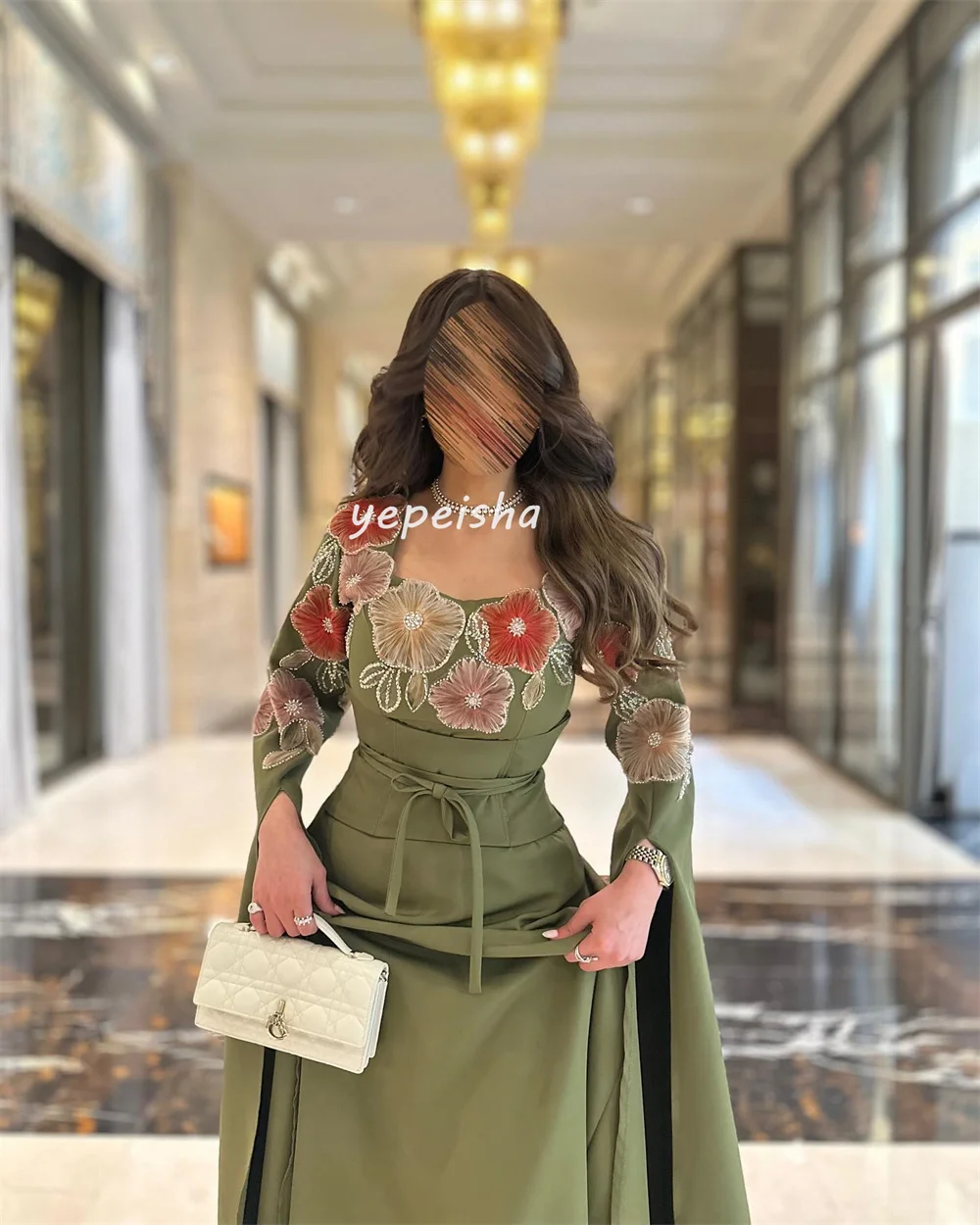 Customized Intricate Matching Jersey Flower Beading Sash A-line Square Neck Long Dresses Bespoke Occasion Dresses Exquisite Sexy
