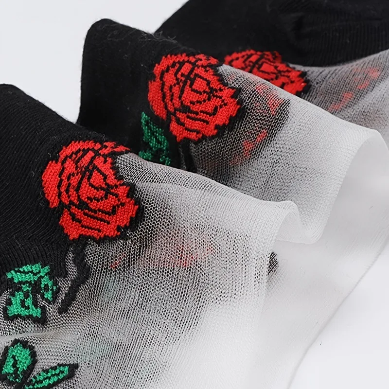 5/10 Pairs Women Floral Print Mid Tube Socks Summer Thin Design Sweat Absorbing Breathable Comfortable Casual Women Silk Socks