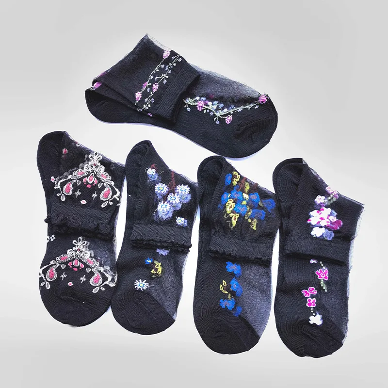 5/10 Pairs Women Floral Print Mid Tube Socks Summer Thin Design Sweat Absorbing Breathable Comfortable Casual Women Silk Socks