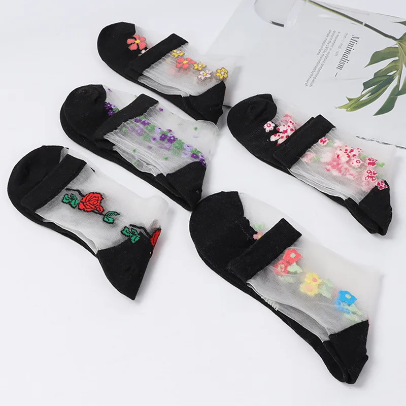 5/10 Pairs Women Floral Print Mid Tube Socks Summer Thin Design Sweat Absorbing Breathable Comfortable Casual Women Silk Socks