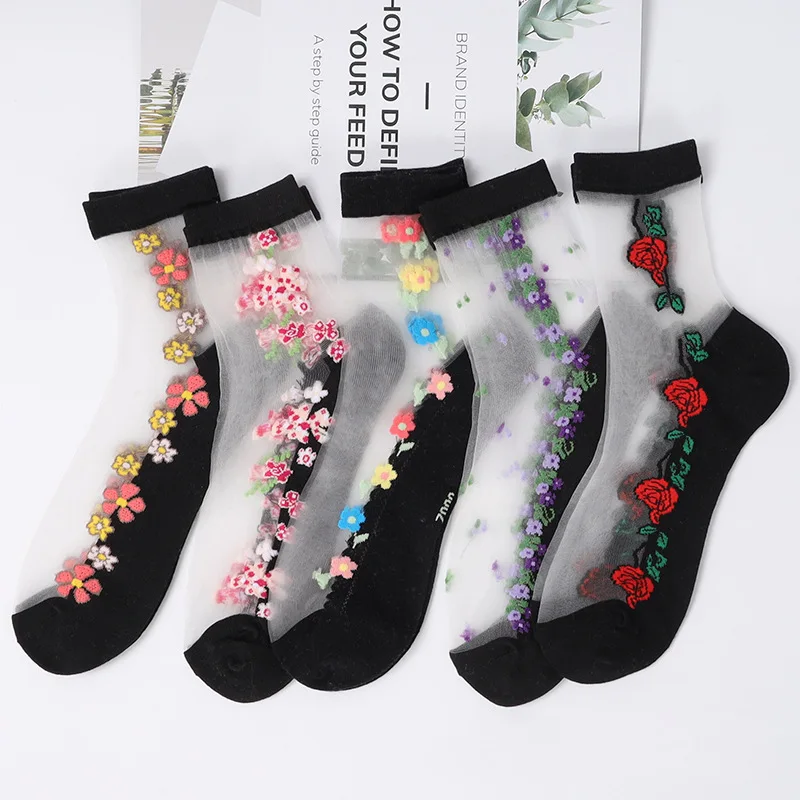 5/10 Pairs Women Floral Print Mid Tube Socks Summer Thin Design Sweat Absorbing Breathable Comfortable Casual Women Silk Socks