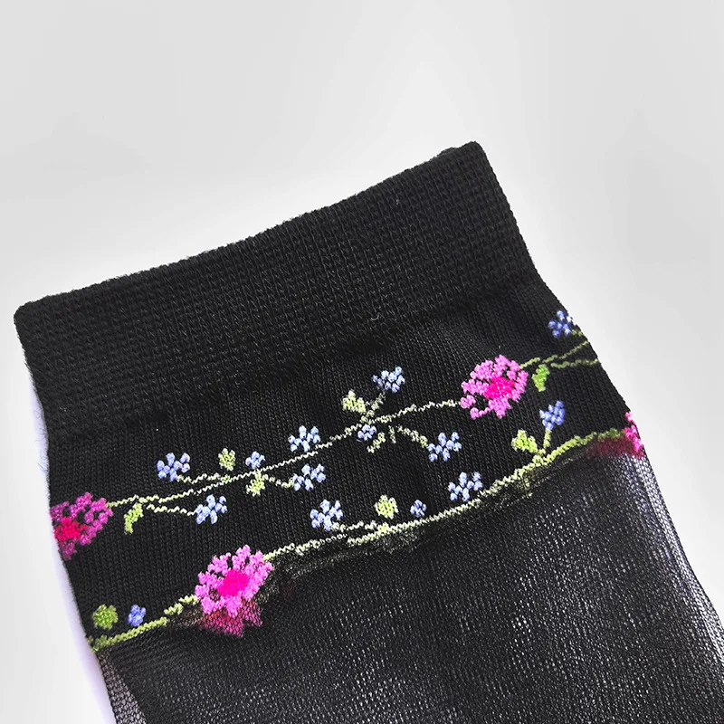 5/10 Pairs Women Floral Print Mid Tube Socks Summer Thin Design Sweat Absorbing Breathable Comfortable Casual Women Silk Socks