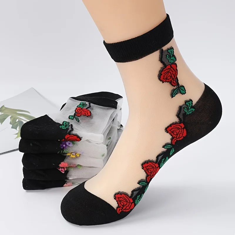 5/10 Pairs Women Floral Print Mid Tube Socks Summer Thin Design Sweat Absorbing Breathable Comfortable Casual Women Silk Socks