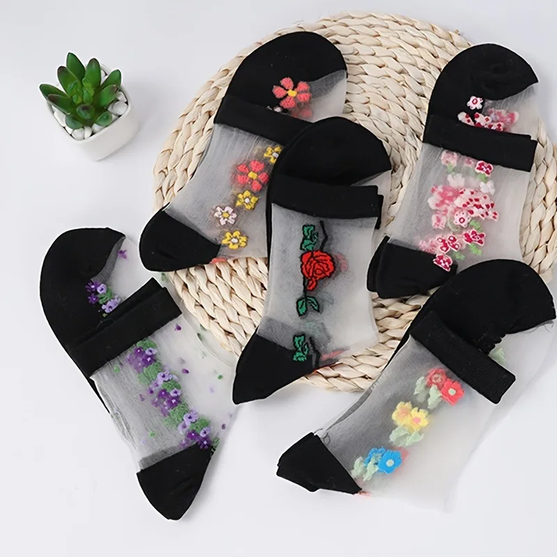 5/10 Pairs Women Floral Print Mid Tube Socks Summer Thin Design Sweat Absorbing Breathable Comfortable Casual Women Silk Socks