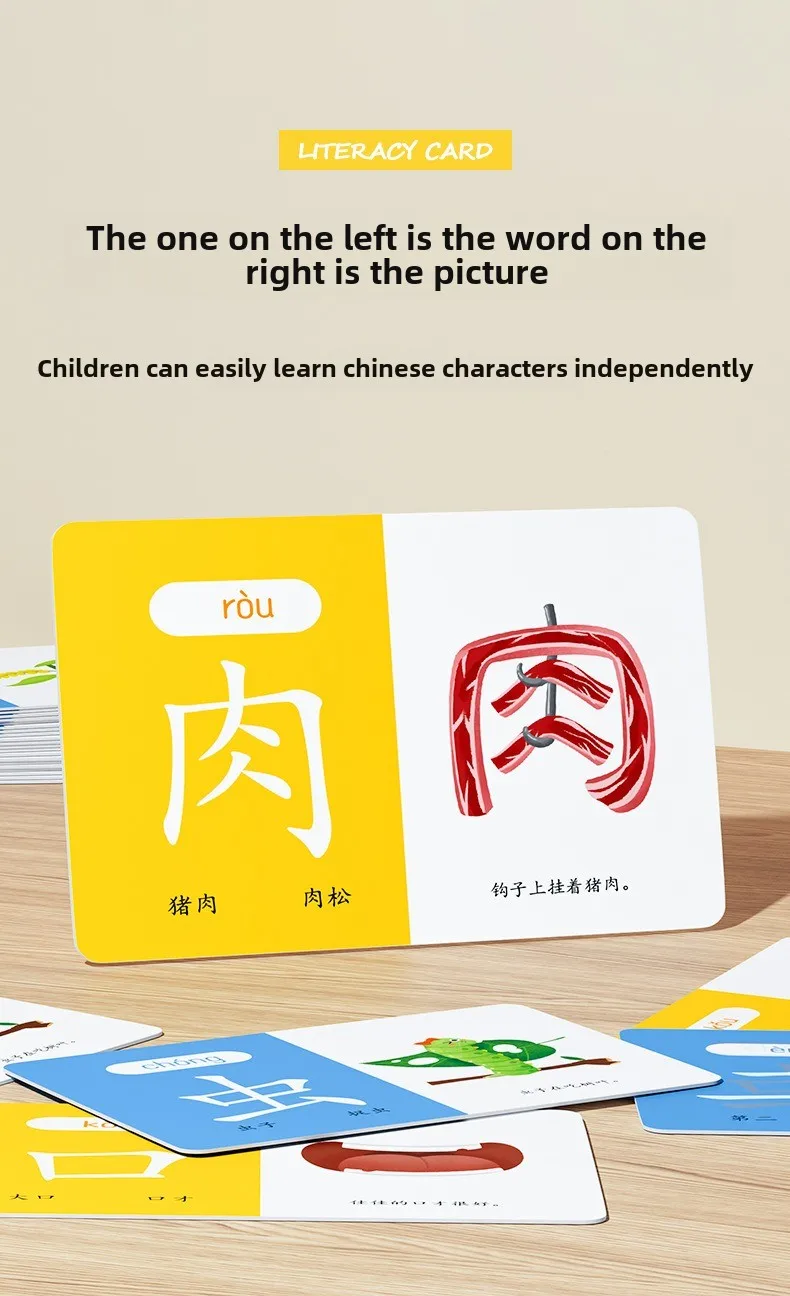 100 Words Chinese Pinyin Card Characters Picture Enlightenment Double Hanzi Learning Age Literacy Card Children's Kindergarten