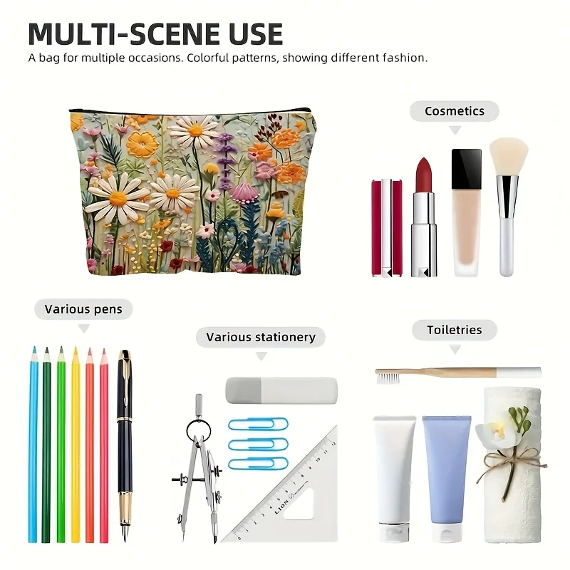 Floral Canvas Makeup Bag Zipper Pouch with Lining Daisy Wildflower Toiletries Organizer Perfect Gifts for Women Teachers Friends