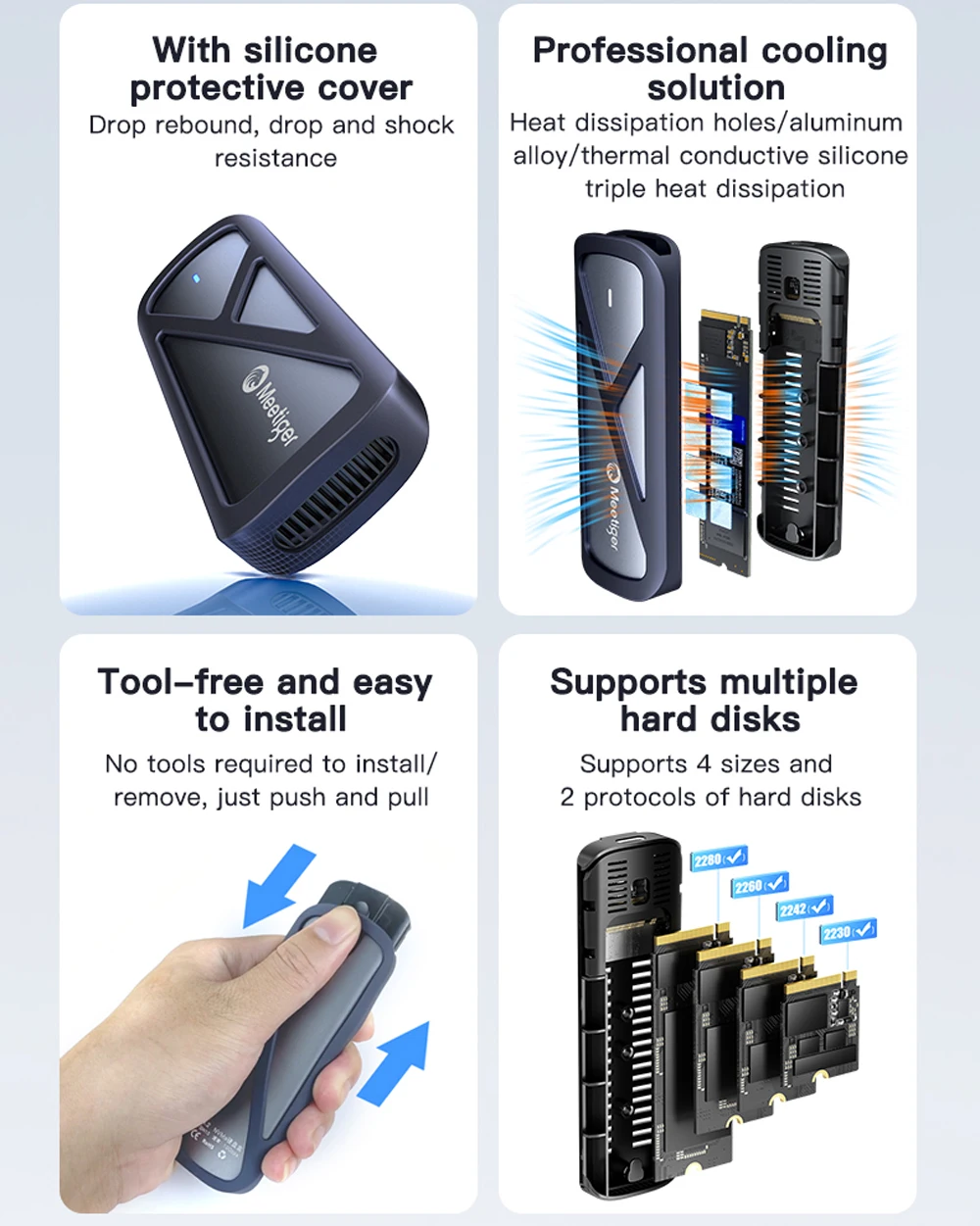 Meetiger M.2 NVMe SSD Enclosure 5/10Gbps External Case for M.2 NVMe NGFF SATA SSD Adapter Tool Free External Hard Drive Case