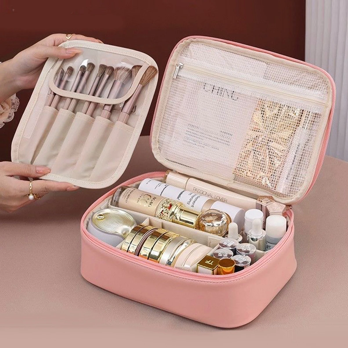 New PU leather makeup bag with large capacity, portable, and high-end outdoor feel, layered and multi-layer waterproof makeup ca