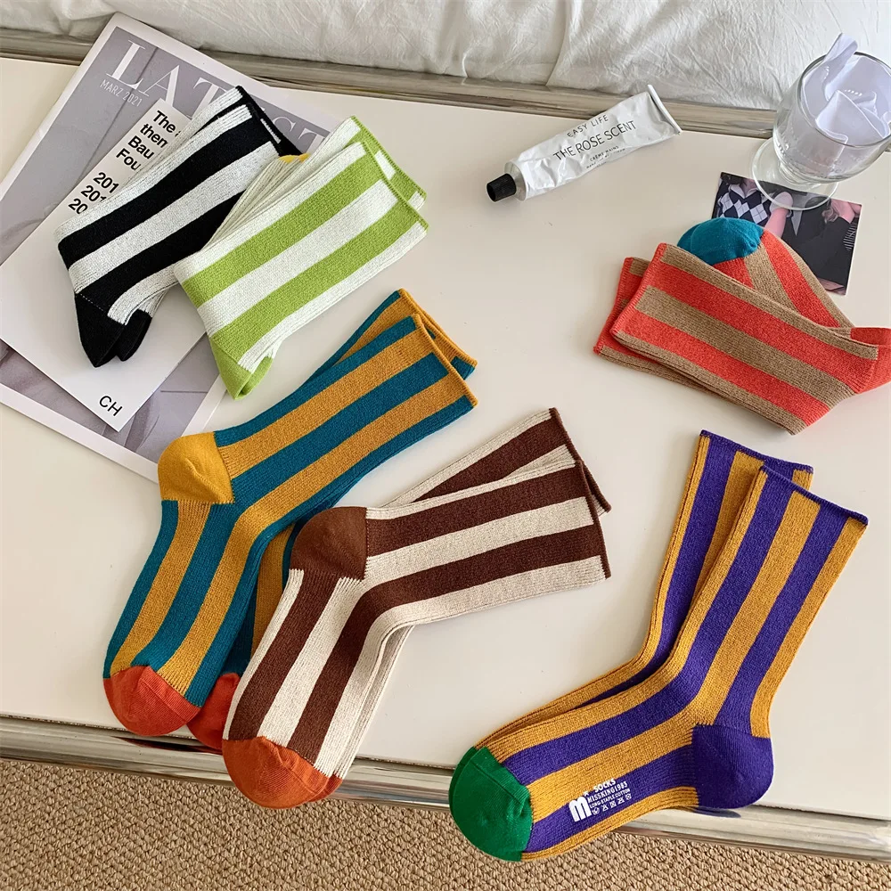 1Pairs Striped Funny Socks Korean Japanese Man Women Design Unisex Fashion Trendy Crew Stockings