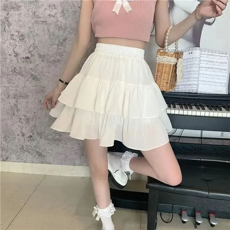 Pleated A-line Skirt White Women Ruffles Sweet Hottie Preppy Style Elastic Elastic Waist Slim Thin SimpleCasual Summer Wholesale