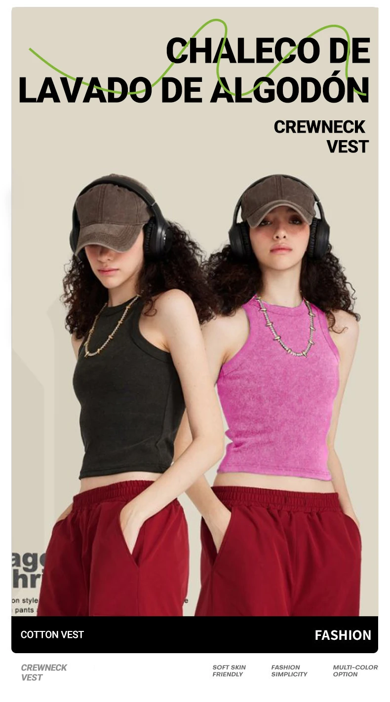 100% Cotton Solid Color Women Washed Vest Y2K Casual Tank Top Street Sleeveless Clothes Summer Rhinestone Craft Sportswear