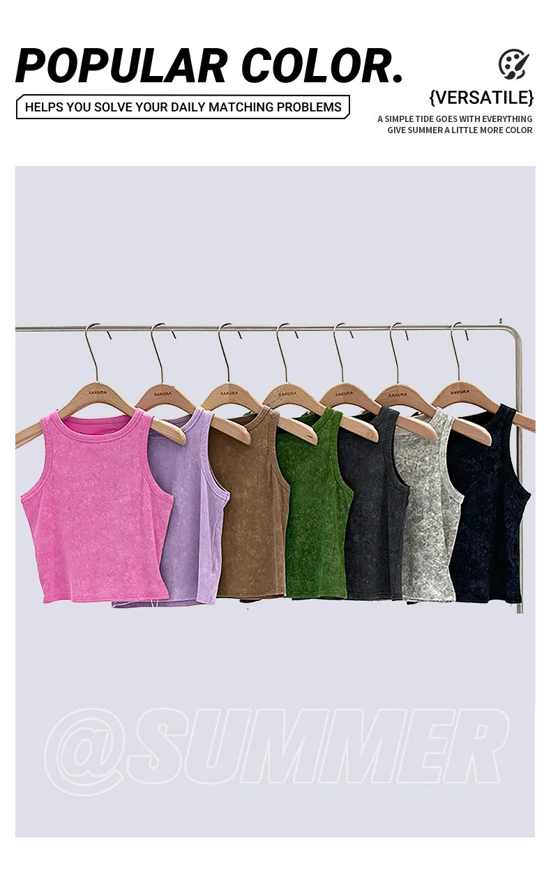 100% Cotton Solid Color Women Washed Vest Y2K Casual Tank Top Street Sleeveless Clothes Summer Rhinestone Craft Sportswear