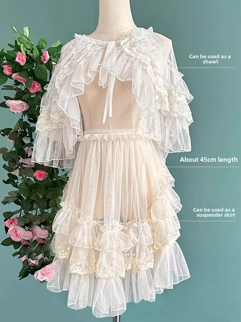 Lolita Short Shawl Coat Women Sweet Kawaii Lace Mesh Open Front Poncho Gothic Girls Retro Cute Princess Capes Outerwear