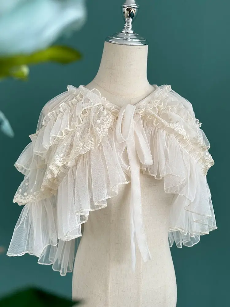 Lolita Short Shawl Coat Women Sweet Kawaii Lace Mesh Open Front Poncho Gothic Girls Retro Cute Princess Capes Outerwear