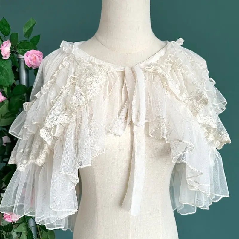 Lolita Short Shawl Coat Women Sweet Kawaii Lace Mesh Open Front Poncho Gothic Girls Retro Cute Princess Capes Outerwear