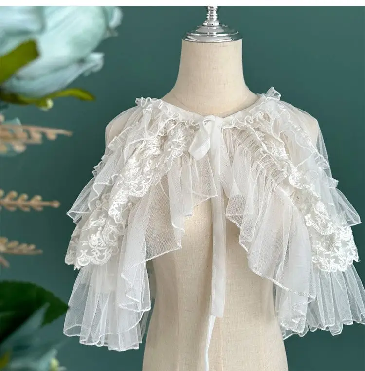 Lolita Short Shawl Coat Women Sweet Kawaii Lace Mesh Open Front Poncho Gothic Girls Retro Cute Princess Capes Outerwear