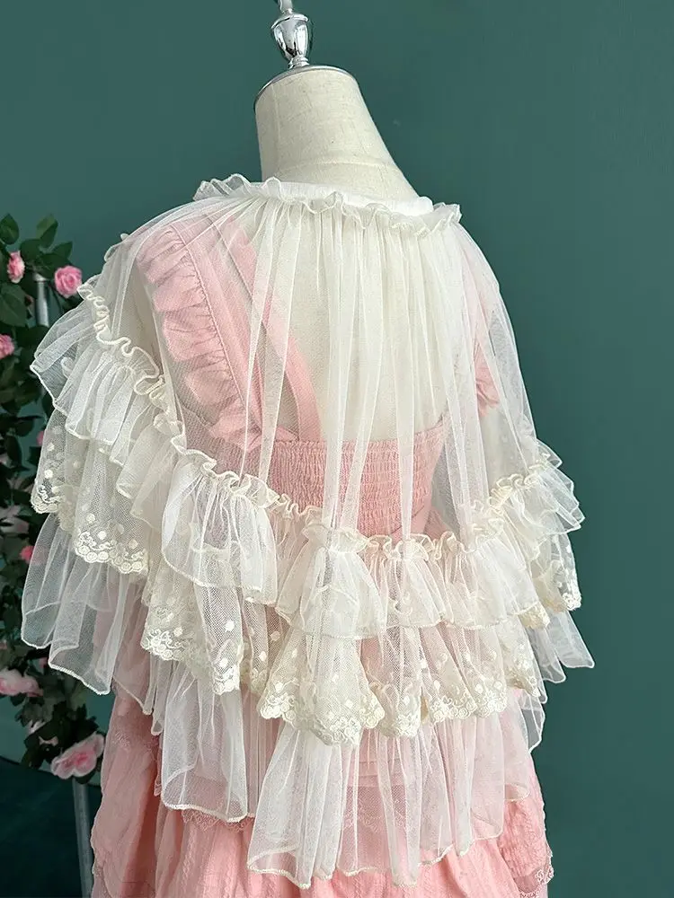 Lolita Short Shawl Coat Women Sweet Kawaii Lace Mesh Open Front Poncho Gothic Girls Retro Cute Princess Capes Outerwear