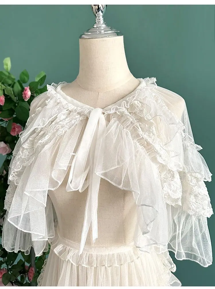 Lolita Short Shawl Coat Women Sweet Kawaii Lace Mesh Open Front Poncho Gothic Girls Retro Cute Princess Capes Outerwear