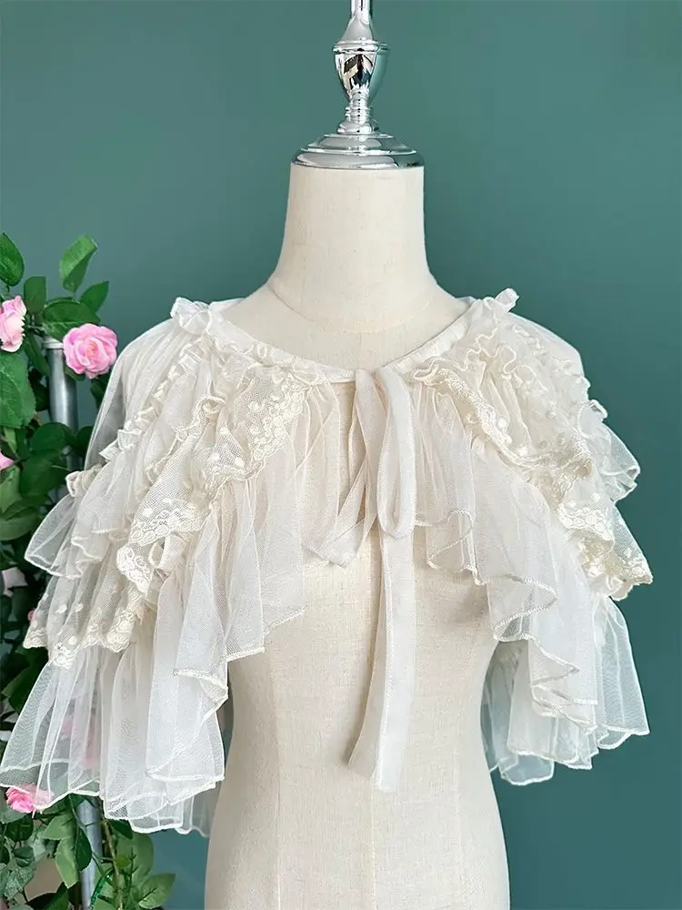 Lolita Short Shawl Coat Women Sweet Kawaii Lace Mesh Open Front Poncho Gothic Girls Retro Cute Princess Capes Outerwear
