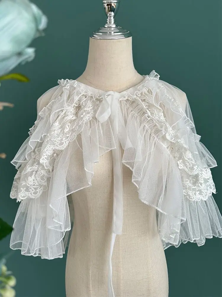 Lolita Short Shawl Coat Women Sweet Kawaii Lace Mesh Open Front Poncho Gothic Girls Retro Cute Princess Capes Outerwear