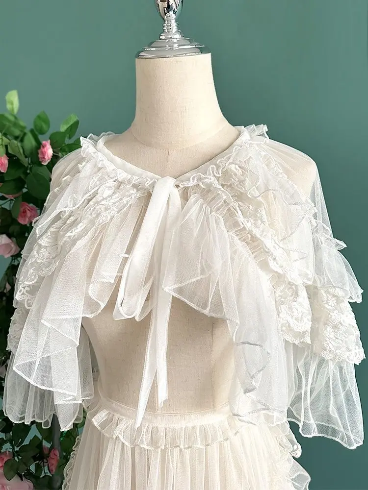 Lolita Short Shawl Coat Women Sweet Kawaii Lace Mesh Open Front Poncho Gothic Girls Retro Cute Princess Capes Outerwear