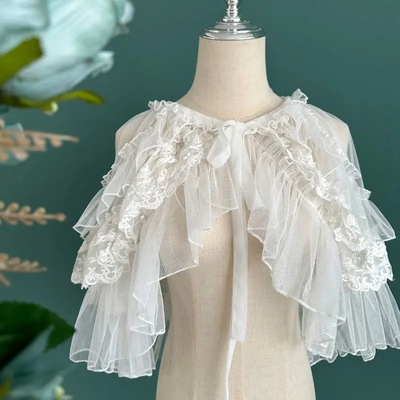 Lolita Short Shawl Coat Women Sweet Kawaii Lace Mesh Open Front Poncho Gothic Girls Retro Cute Princess Capes Outerwear