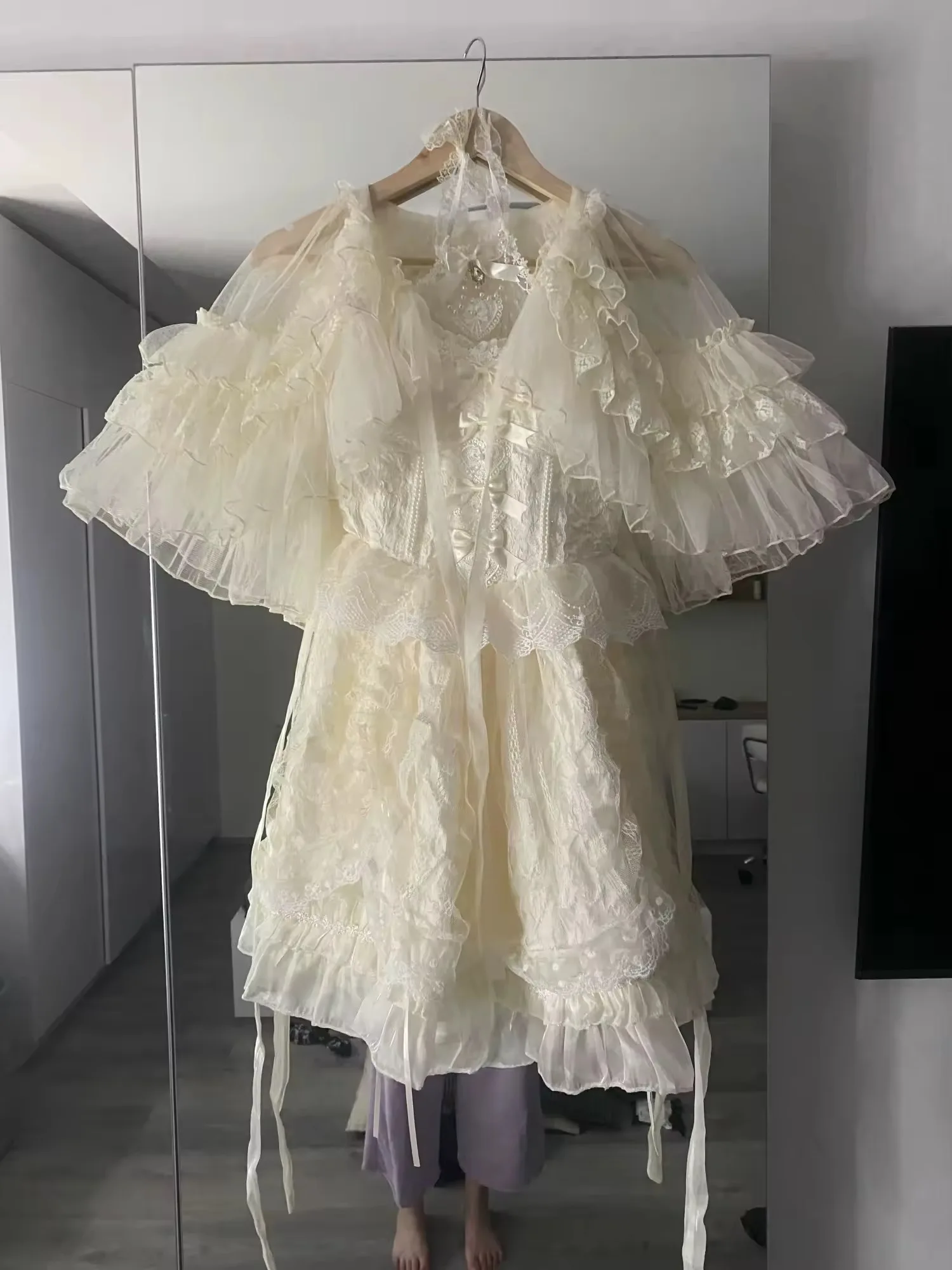 Lolita Short Shawl Coat Women Sweet Kawaii Lace Mesh Open Front Poncho Gothic Girls Retro Cute Princess Capes Outerwear