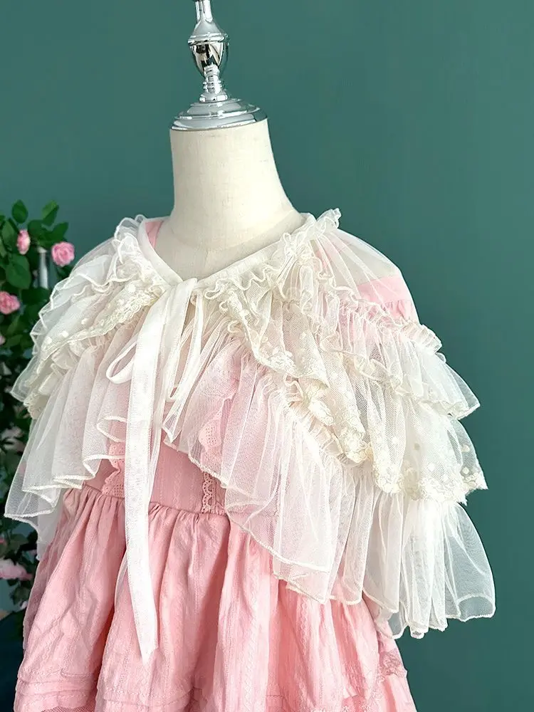 Lolita Short Shawl Coat Women Sweet Kawaii Lace Mesh Open Front Poncho Gothic Girls Retro Cute Princess Capes Outerwear