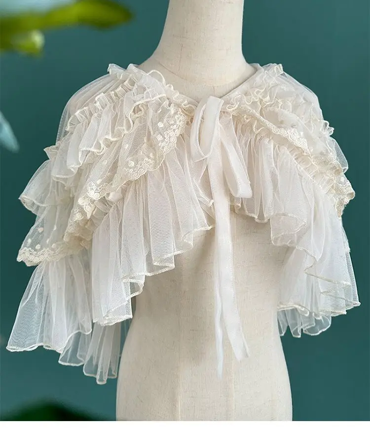 Lolita Short Shawl Coat Women Sweet Kawaii Lace Mesh Open Front Poncho Gothic Girls Retro Cute Princess Capes Outerwear
