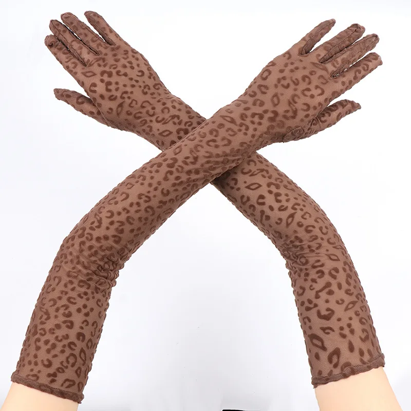 Sexy Leopard Print Lace Mesh Long Gloves High Elasticity Women Party Halloween Cosplay Performance Transparent Hollow Breathable