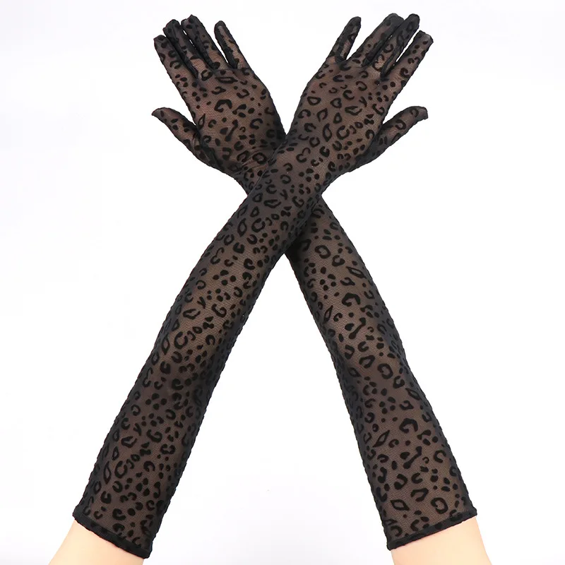 Sexy Leopard Print Lace Mesh Long Gloves High Elasticity Women Party Halloween Cosplay Performance Transparent Hollow Breathable