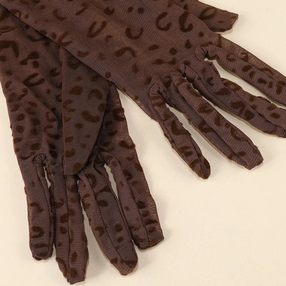 Sexy Leopard Print Lace Mesh Long Gloves High Elasticity Women Party Halloween Cosplay Performance Transparent Hollow Breathable
