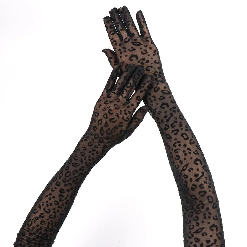 Sexy Leopard Print Lace Mesh Long Gloves High Elasticity Women Party Halloween Cosplay Performance Transparent Hollow Breathable