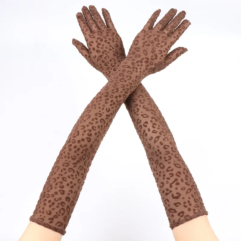 Sexy Leopard Print Lace Mesh Long Gloves High Elasticity Women Party Halloween Cosplay Performance Transparent Hollow Breathable