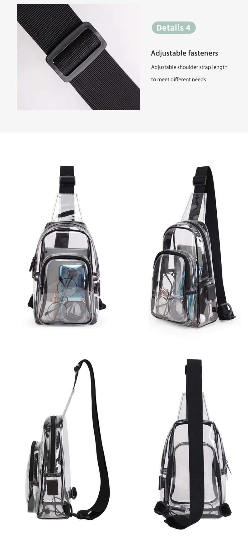 TINYAT Multi Color Clear Women's Chest Bag Comes with USB,Type-c Port,Suitable for Attending Concerts and Outdoor Parties