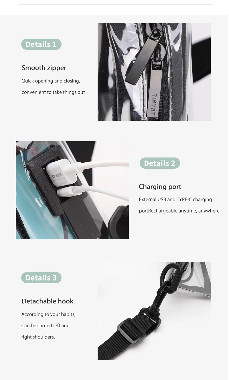 TINYAT Multi Color Clear Women's Chest Bag Comes with USB,Type-c Port,Suitable for Attending Concerts and Outdoor Parties
