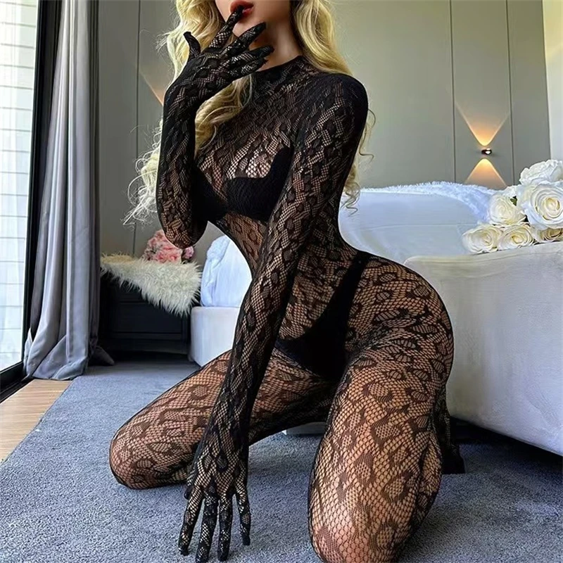 Women Sexy Leopard Hollow Out Mesh Bodystocking Fishnet Lingerie Long Sleeve See Through Bodysuit Jumpsuit Nightwear SIMPLEJEWEL