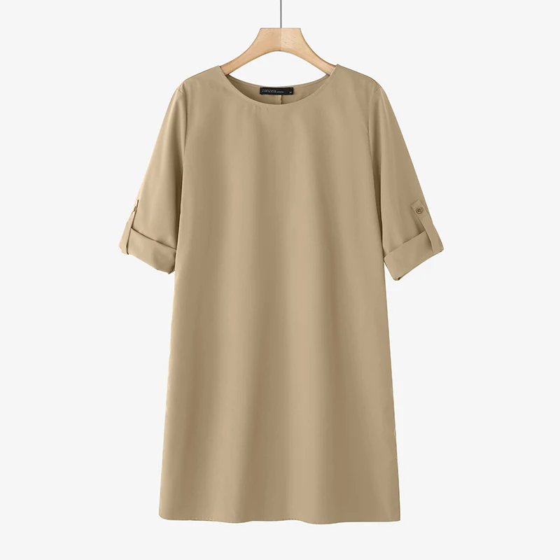 ZANZEA Elegant Women Party Dress 2026 Summer Fashion 3/4 Sleeve Casual Shirt Vestidos Pockets Loose Solid Knee-length Sundress