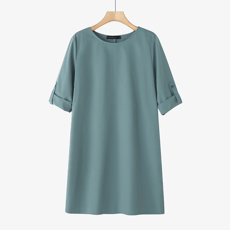 ZANZEA Elegant Women Party Dress 2026 Summer Fashion 3/4 Sleeve Casual Shirt Vestidos Pockets Loose Solid Knee-length Sundress