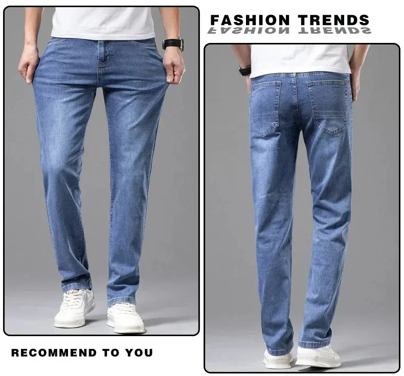Summer Elastic Men's Jeans Fashion Gray Comfortable Business Straight Stretch Cotton Casual Denim Pants Brand Male Thin Trousers