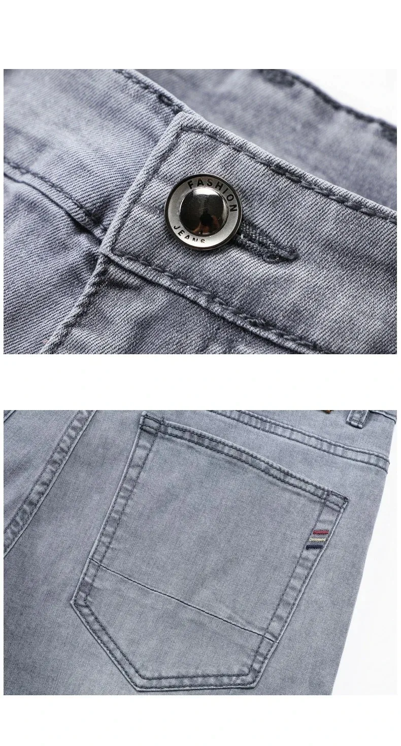 Summer Elastic Men's Jeans Fashion Gray Comfortable Business Straight Stretch Cotton Casual Denim Pants Brand Male Thin Trousers