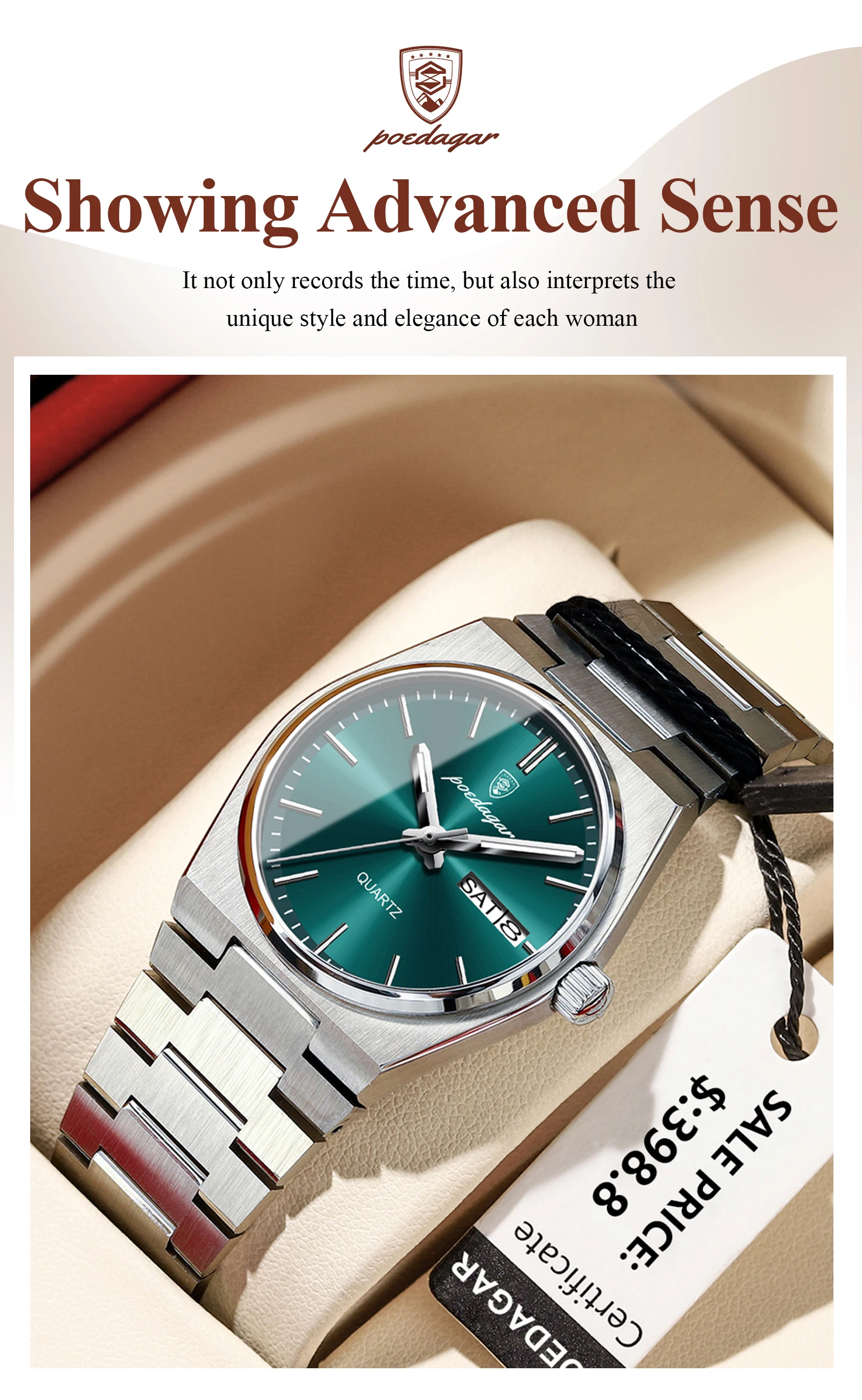 POEDAGAR Elegant Watches For Women Waterproof Luminous Date Week Ladies Watch Quartz Stainless Steel Woman's Fashion Wristwatch